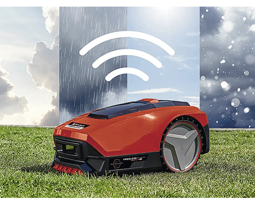 Un robot de tuns iarba roșu stă pe un gazon, cu simboluri pentru rezistența la intemperii.