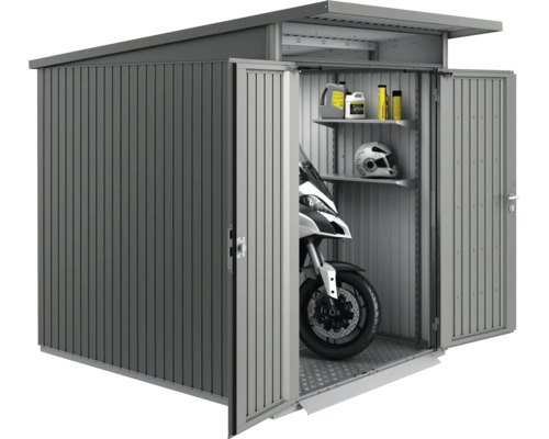 Magazie metalică pentru unelte cu motocicletă, rafturi, uleiuri și cască