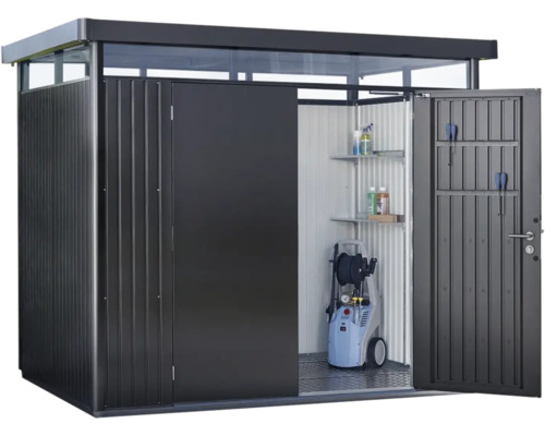 Magazie metalică de grădină cu ușă glisantă și rafturi pentru depozitarea uneltelor de grădină