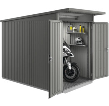 Magazie metalică pentru scule cu uși deschise, motocicletă, cască și rafturi