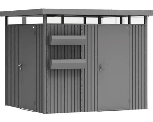 Magazie metalică de grădină cu ușă și rafturi