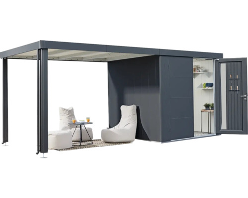 Cabină de grădină modernă cu acoperiș, scaune și ușă deschisă