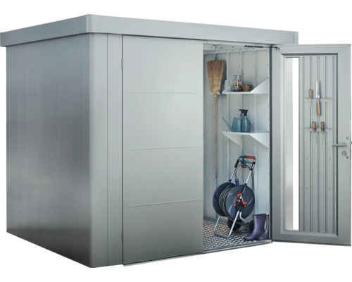 Dulap de grădină cu ușă glisantă și rafturi pentru depozitarea uneltelor de grădină