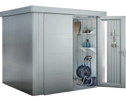 Cabină de grădină metalică cu ușă glisantă și unelte de grădinărit