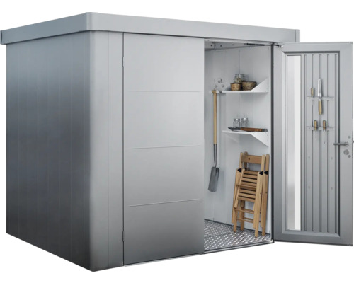 Magazie metalică pentru unelte cu ușă glisantă și ușă deschisă