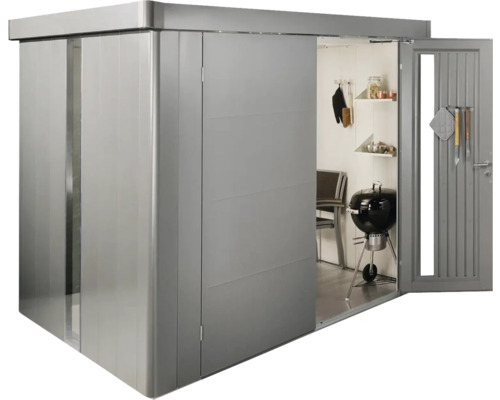 Dulap de grădină metalic cu uși glisante și ușă deschisă cu grătar și rafturi