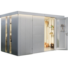 Cabină de grădină modernă cu ușă deschisă și interior
