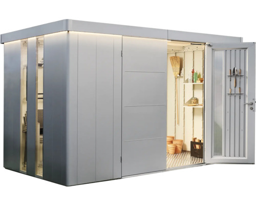 Cabină de grădină modernă cu ușă deschisă și interior