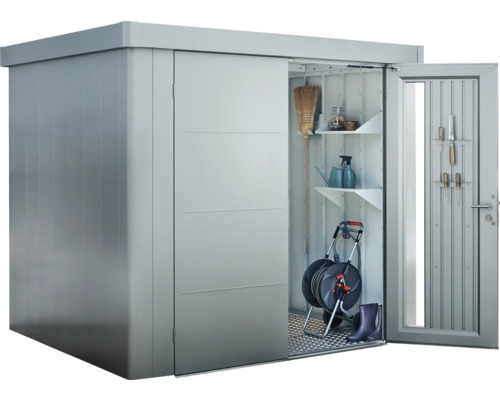Căsuță de grădină metalică cu ușă glisantă și unelte de grădină