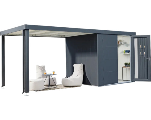 Terasa acoperită cu spațiu de depozitare, locuri de ședere și măsuță laterală