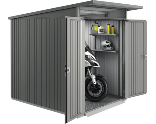 Cabină metalică pentru scule cu motocicletă, rafturi și accesorii