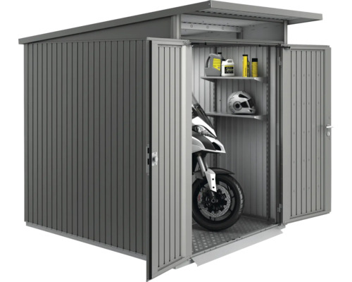 Magazie metalică pentru unelte cu uși deschise, motocicletă și rafturi