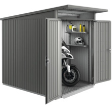 Magazie de scule metalică cu motocicletă, rafturi, ulei de motor și cască