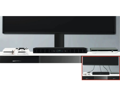 Televizor, consolă de jocuri și soundbar pe un mobilier media modern