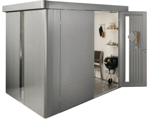 Magazie metalică de grădină cu ușa deschisă și grătar în interior