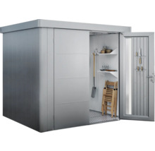 Cabină de grădină din metal cu ușă glisantă și ușă deschisă cu rafturi și unelte