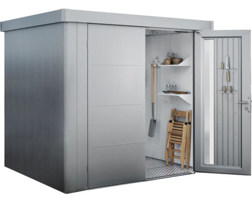 Cabină de grădină metalică cu ușă glisantă și ușă deschisă cu suport pentru scule și rafturi