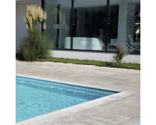 Piscină cu plăci din piatră naturală și iarbă decorativă