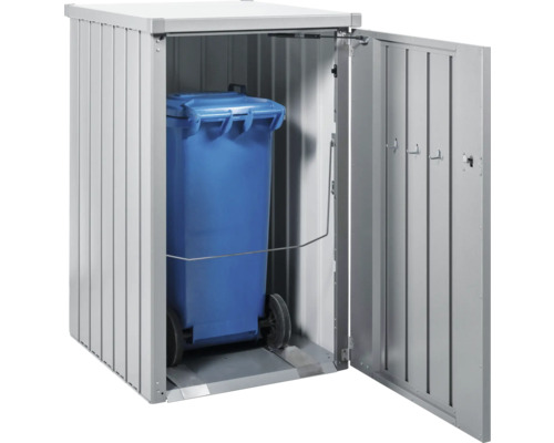 Box pentru pubele cu ușa deschisă și pubelă albastră