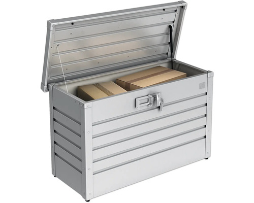 Cutie de depozitare metalică deschisă cu două cutii de carton în interior