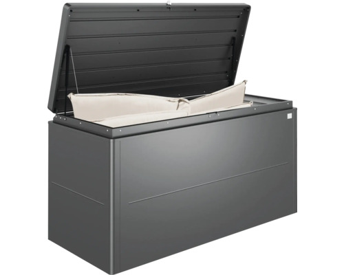 Ladă de grădină gri deschisă, cu perne pentru depozitare în exterior
