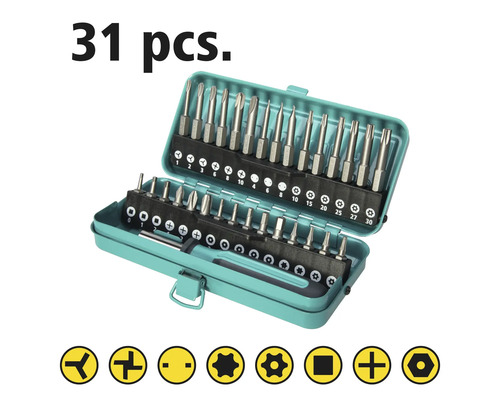 Set de 31 de biți de șurubelniță într-o cutie deschisă