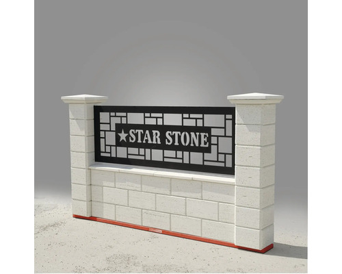 Zid decorativă de grădină cu element metalic și aspect de piatră