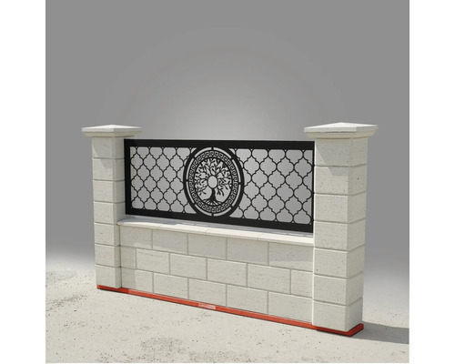 Gard decorativ de grădină cu motiv de copac și stâlpi de piatră