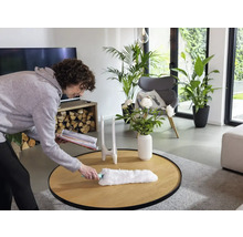 Femeie șterge praful de pe masa de cafea cu un pămătuf. În fundal se văd plante și un fotoliu.