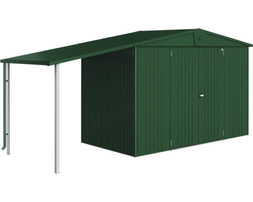 Cabină de grădină cu copertină pentru spațiu suplimentar de depozitare în aer liber.