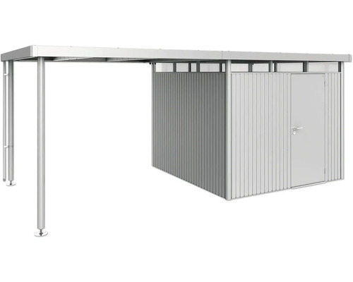 Copertină metalică pentru mașină cu magazie de scule și ușă