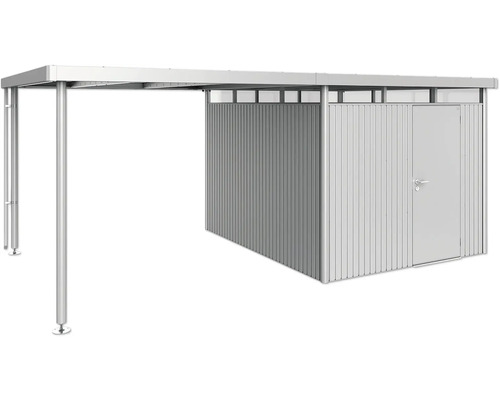 Carport metalic cu spațiu de depozitare pentru unelte de grădină și scule