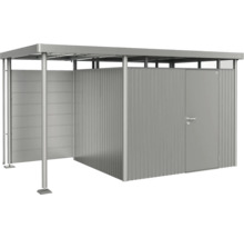 Depozit pentru unelte de grădină din metal, cu ușă și zonă deschisă pentru depozitarea uneltelor de grădină