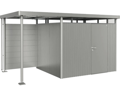 Depozit pentru unelte de grădină din metal, cu ușă și zonă deschisă pentru depozitarea uneltelor de grădină