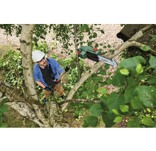 Bărbat cu cască și echipament de protecție folosind un fierăstrău cu tăiere înaltă Bosch într-un copac.