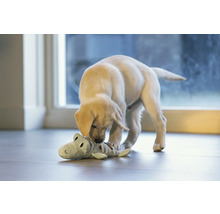 Un pui de labrador se joacă cu o jucărie de pluș în formă de crocodil.