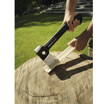 Topor despicând lemne pe un butuc de copac