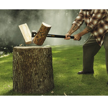 Bărbat despărțind un buștean cu un topor pe un ciot