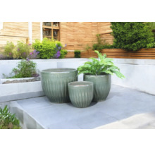 Trei ghivece de ceramică pe o terasă