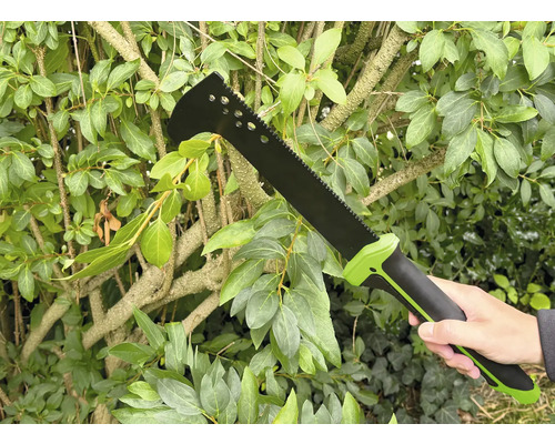 O persoană ține o macetă de grădină în fața unui gard viu verde.