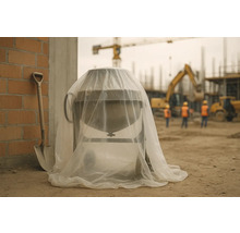 Betonieră cu folie de protecție pe un șantier, lângă o lopată.