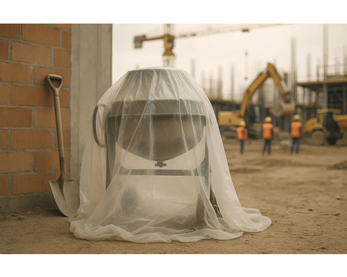 Betonieră cu folie de protecție pe un șantier, lângă o lopată.