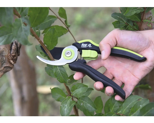 O mână folosește un foarfece de grădină for_q pe o ramură.