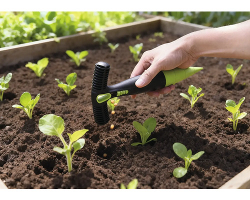 Scenă de grădină cu instrument de plantare a semințelor în uz într-o grădină înălțată cu plante tinere.