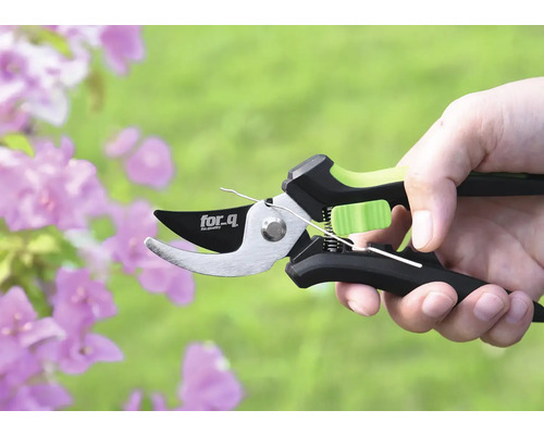 O foarfecă de grădină marca for.q într-o mână în fața florilor