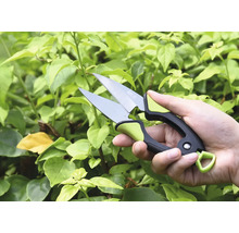 Mână cu foarfece de grădinărit în fața plantelor verzi