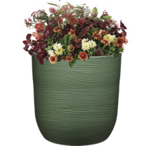 Aranjament floral într-un vas verde cu textură ondulată.