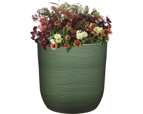 Aranjament floral într-un vas verde cu textură ondulată.