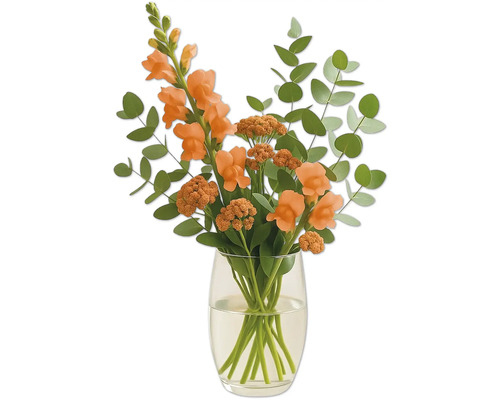 Aranjament floral cu gura-leului și eucalipt într-o vază de sticlă