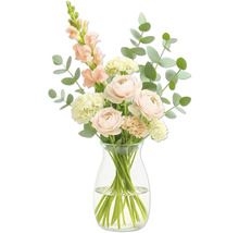 Buchet de trandafiri și verdeață în vază de sticlă